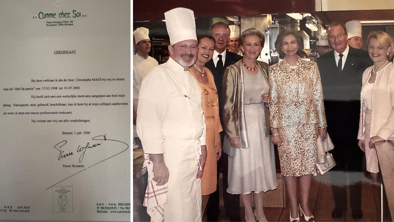 Uit het persoonlijke fotoalbum: getuigschrift ondertekend door chef Pierre Wynants | Koninklijk bezoek in de keuken van Comme chez Soi met uiterst links in de achtergrond een jonge Christophe